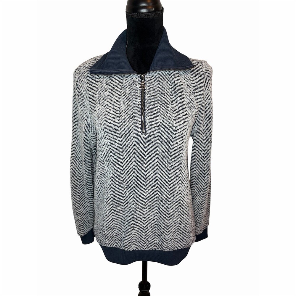 Anthropologie Sweater Womens M Blue Herringbone 1/4 Zip Mock Neck Pullover